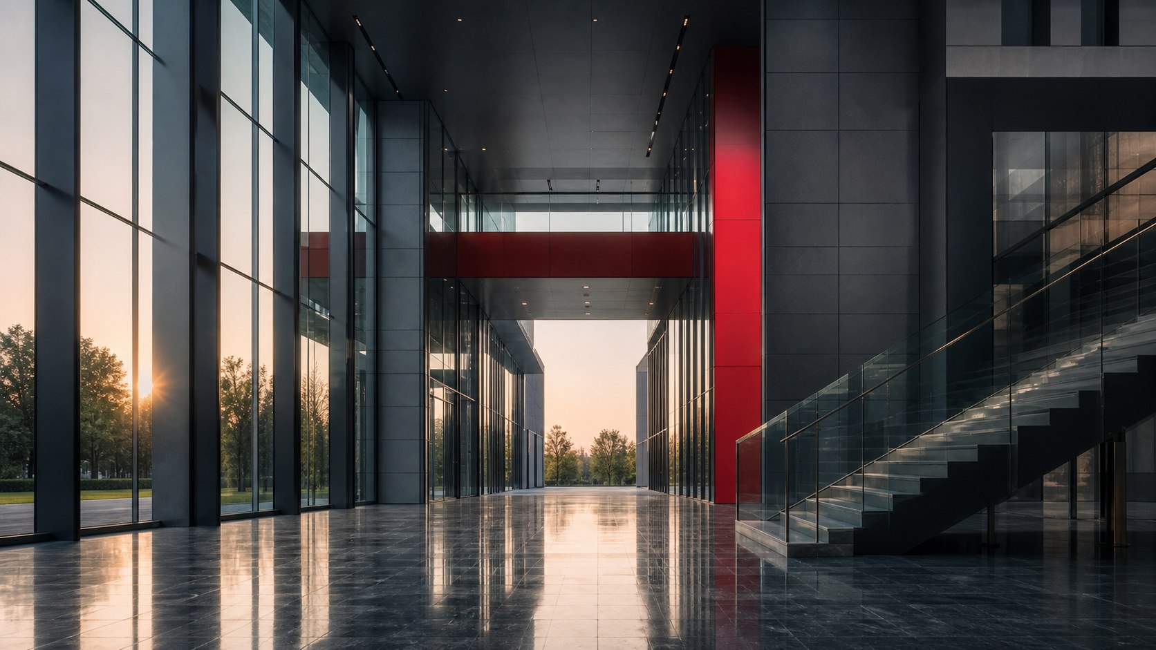 Modern institutional corridor with precise geometric architecture